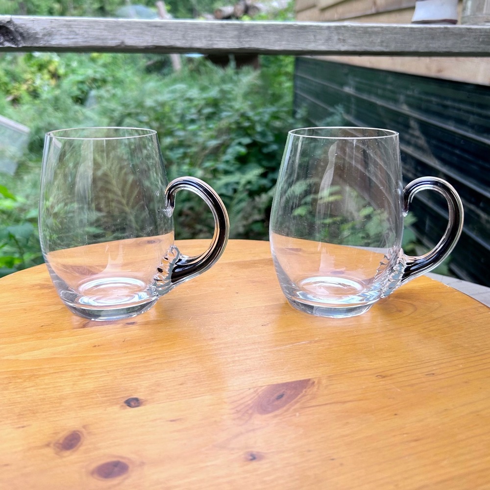 Vintage Kaori Glass Mugs Rare Black Ribbed Handle Daisy Set of 2 Hario MCM Japan